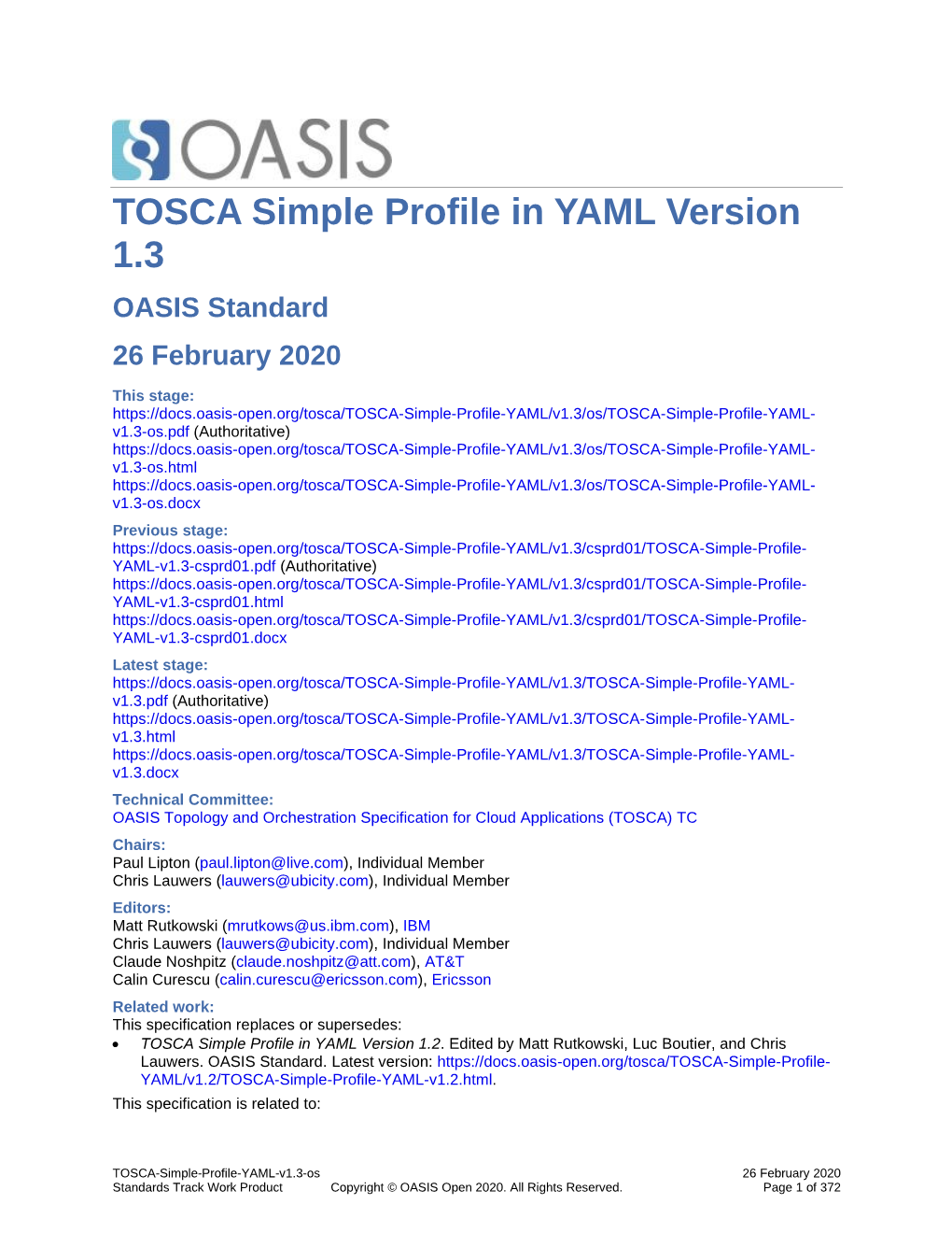 TOSCA Simple Profile in YAML Version 1.3 OASIS Standard 26 February 2020