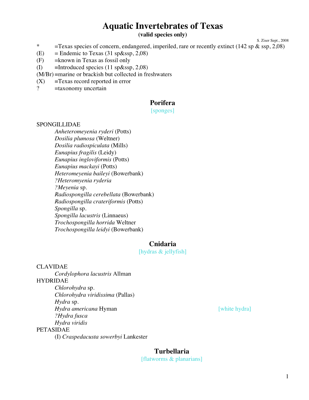 Aquatic Invertebrates of Texas (Valid Species Only) S
