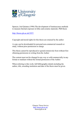 Spencer, Joel Quintus (1996) the Development of Luminescence Methods to Measure Thermal Exposure in Lithic and Ceramic Materials