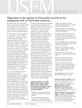 Objections to the Transfer of Francisella Novicida to the Subspecies Rank of Francisella Tularensis