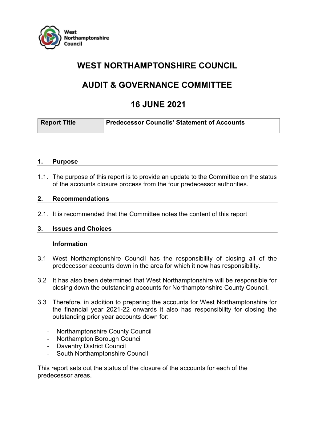 West Northamptonshire Council Audit & Governance Committee 16 June 2021