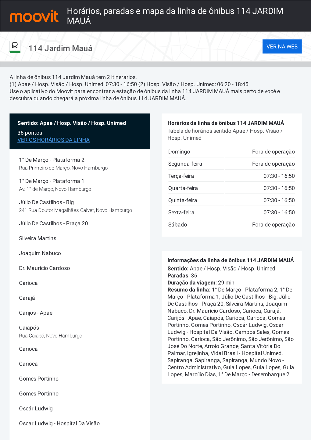 Horários, Paradas E Mapa Da Linha De Ônibus 114 JARDIM MAUÁ
