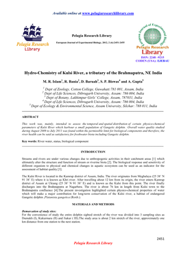 Hydro-Chemistry of Kulsi River, a Tributary of the Brahmaputra, NE India