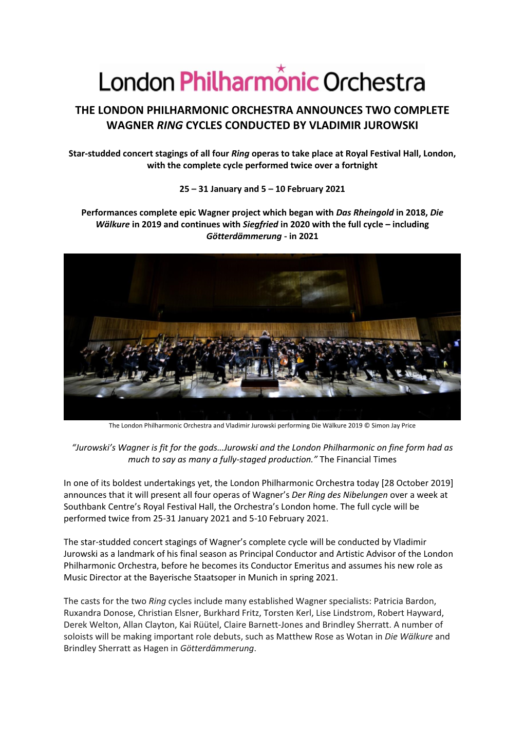The London Philharmonic Orchestra Announces Two Complete Wagner Ring Cycles Conducted by Vladimir Jurowski