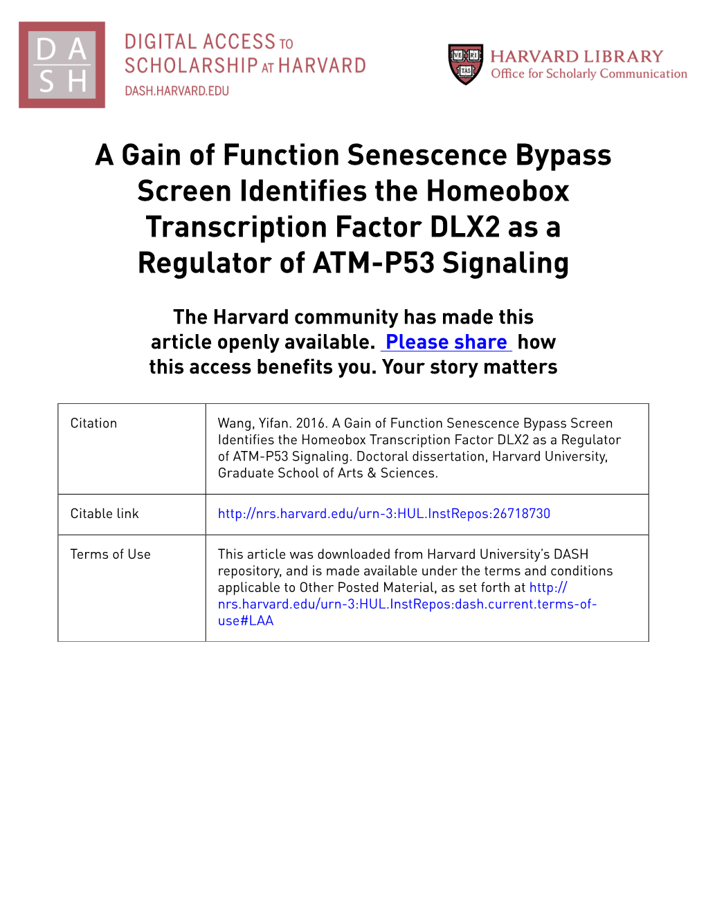 A Gain of Function Senescence Bypass Screen Identifies the Homeobox Transcription Factor DLX2 As a Regulator of ATM-P53 Signaling
