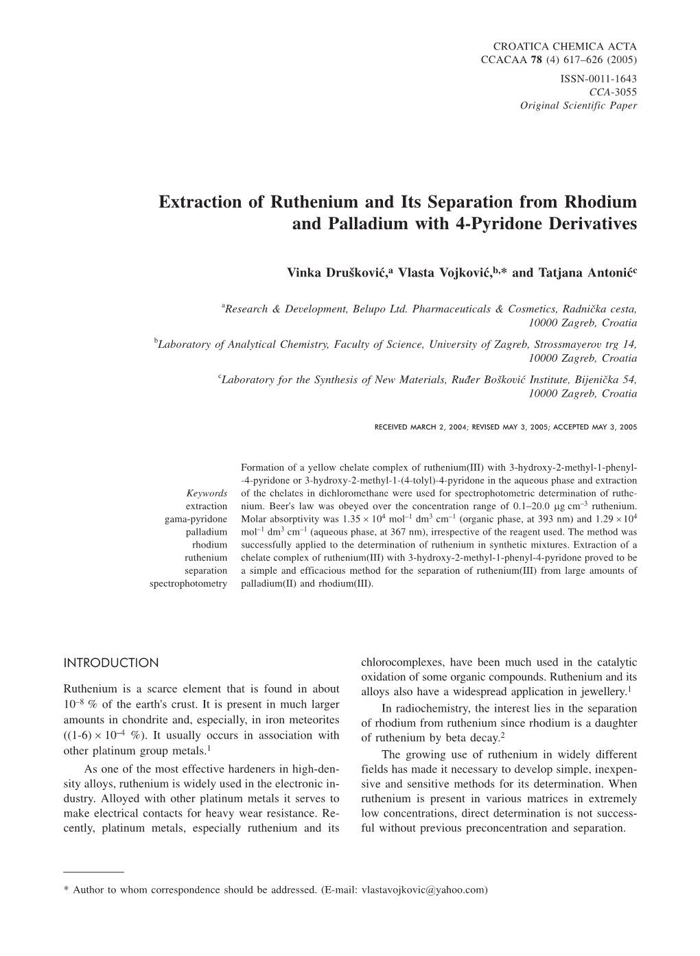 Extraction of Ruthenium and Its Separation from Rhodium and Palladium with 4-Pyridone Derivatives