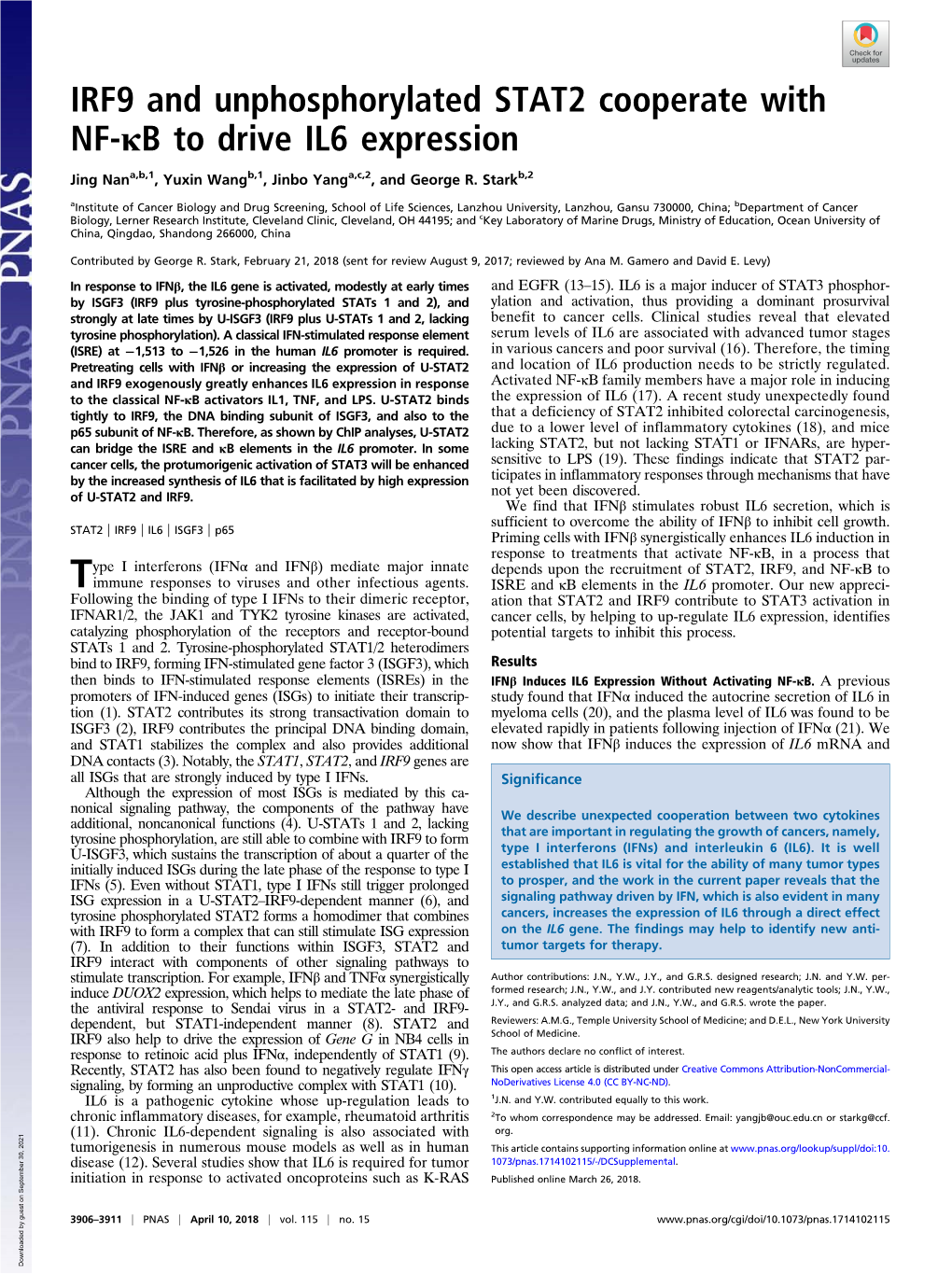 IRF9 and Unphosphorylated STAT2 Cooperate with NF-Κb to Drive IL6 Expression