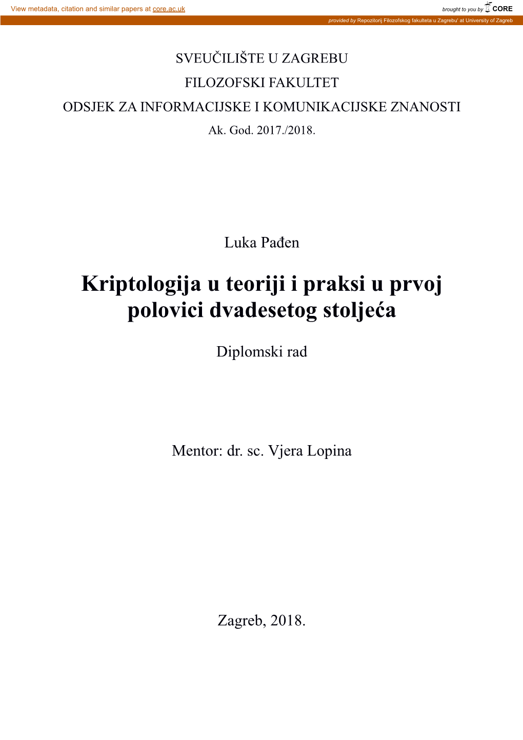 Kriptologija U Teoriji I Praksi U Prvoj Polovici Dvadesetog Stoljeća