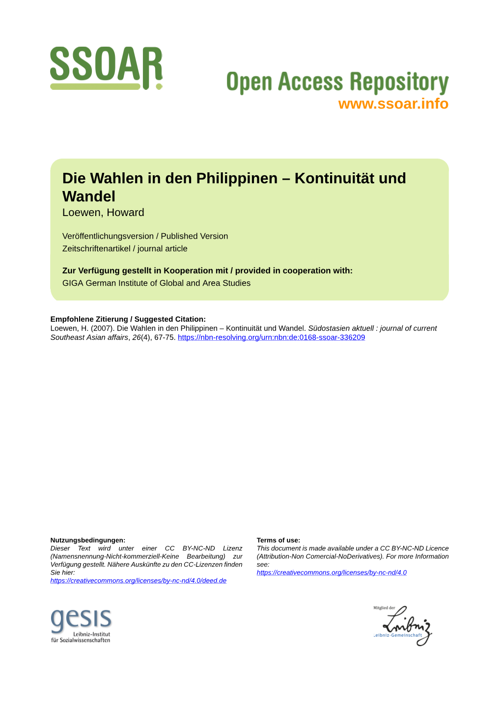 Die Wahlen in Den Philippinen – Kontinuität Und Wandel Loewen, Howard