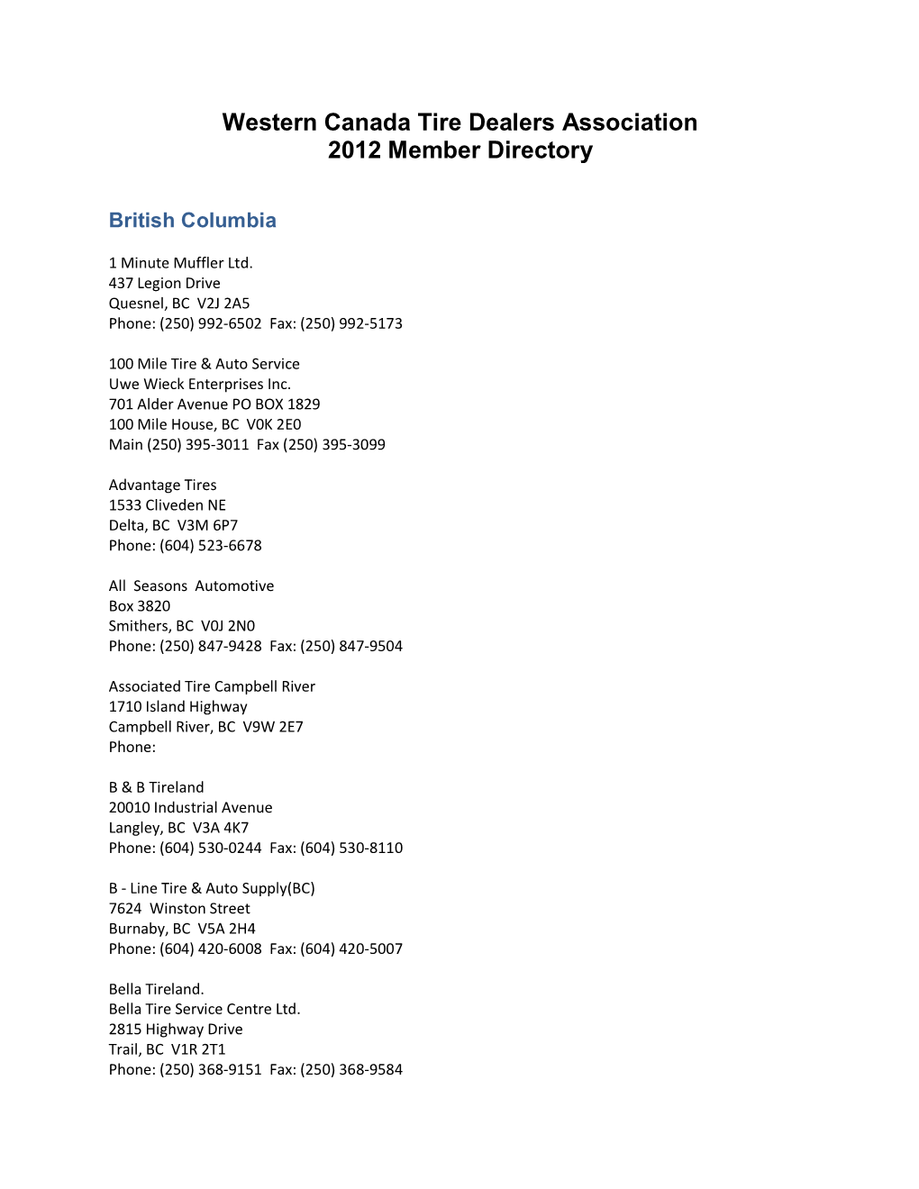 Western Canada Tire Dealers Association 2012 Member Directory