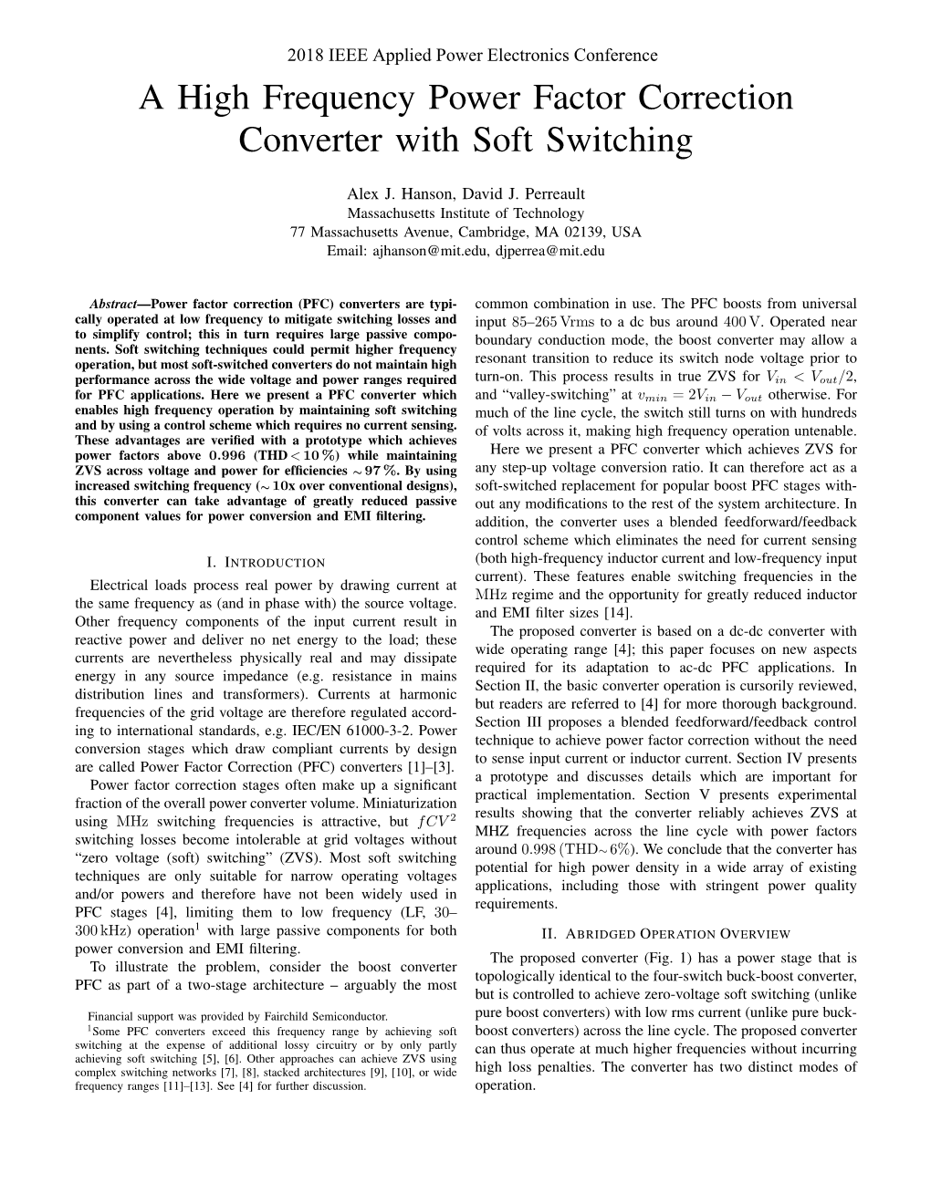 A High Frequency Power Factor Correction Converter with Soft Switching