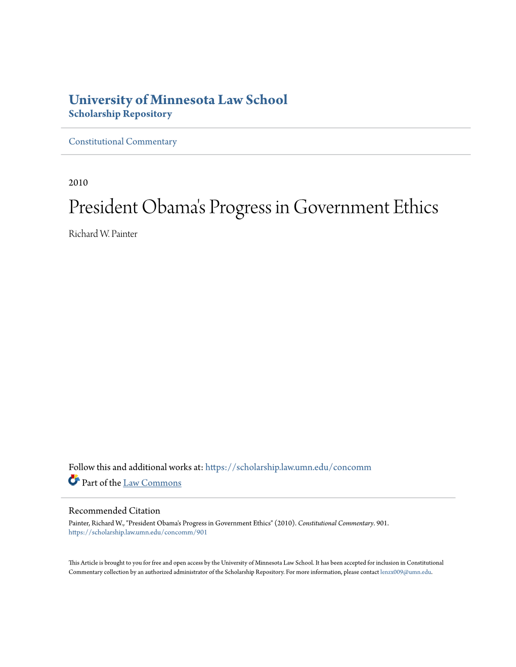 President Obama's Progress in Government Ethics Richard W