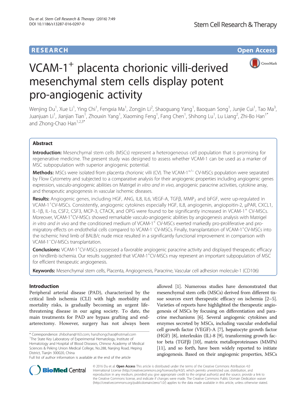 VCAM-1+ Placenta Chorionic Villi-Derived Mesenchymal Stem