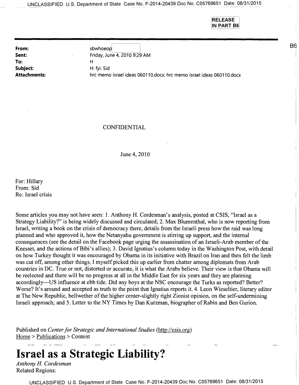 Israel As a Strategic Liability? Anthony H Cordesman Related Regions