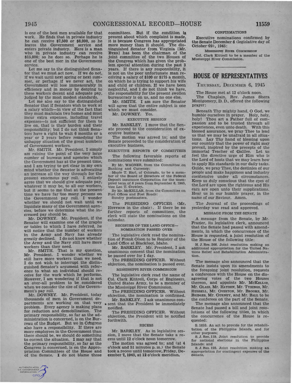 HOUSE of REPRESENTATIVES Mer, Or Perhaps If We Never Act, the on Which He Is Trying to Support His Wife Government Will Lose Immeasurably in and Child Or Children