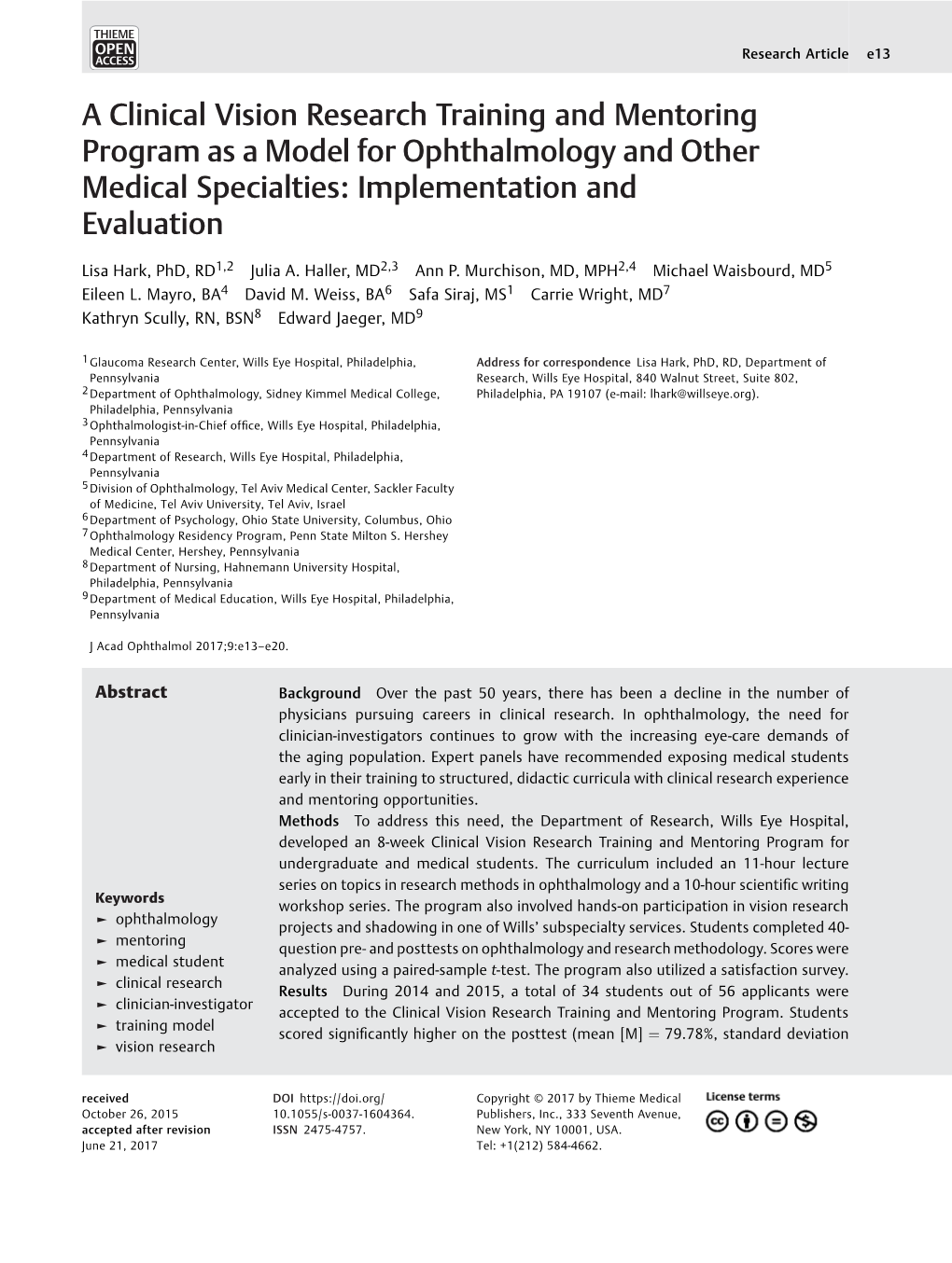 A Clinical Vision Research Training and Mentoring Program As a Model for Ophthalmology and Other Medical Specialties: Implementation and Evaluation