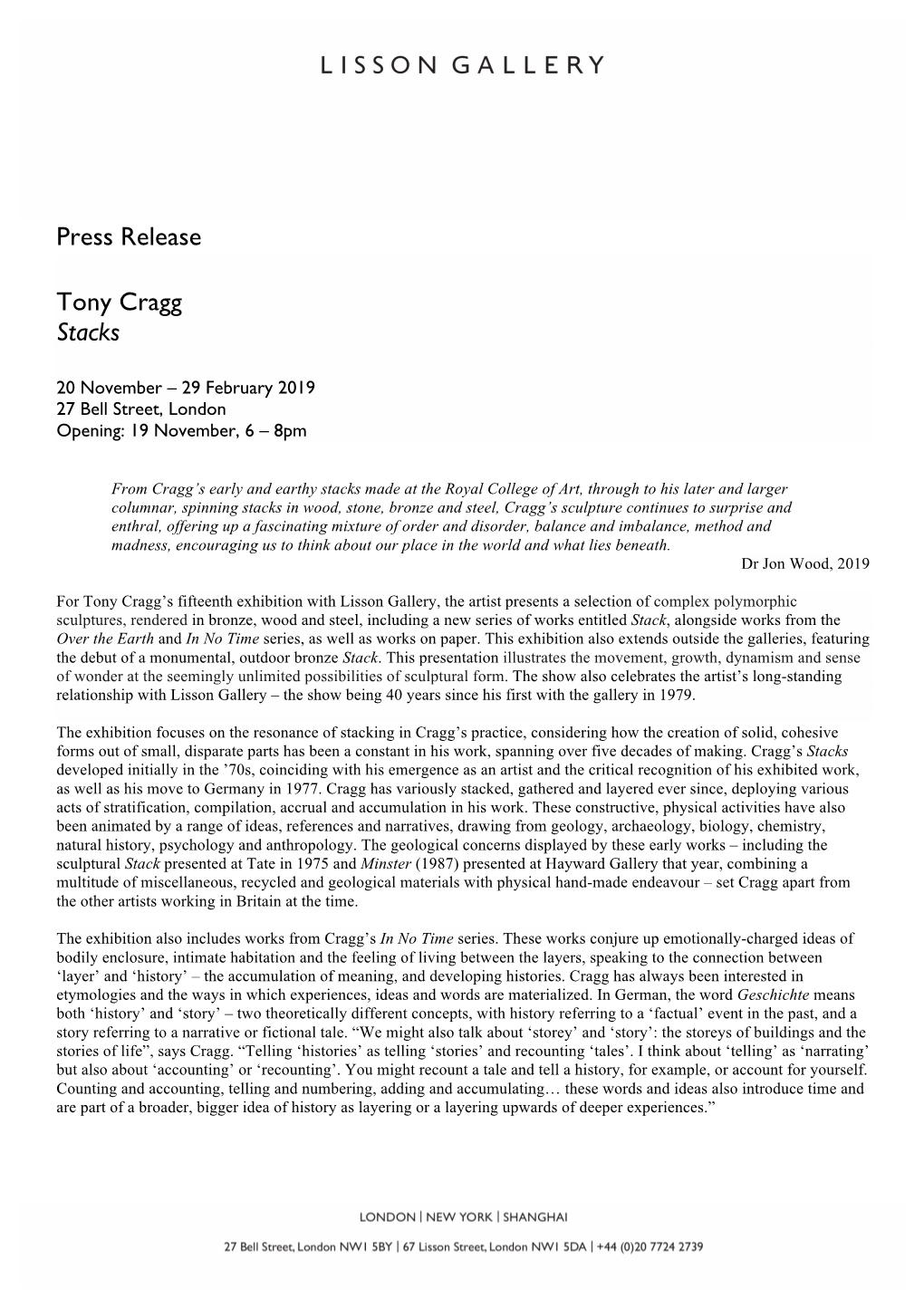 Press Release Tony Cragg Stacks