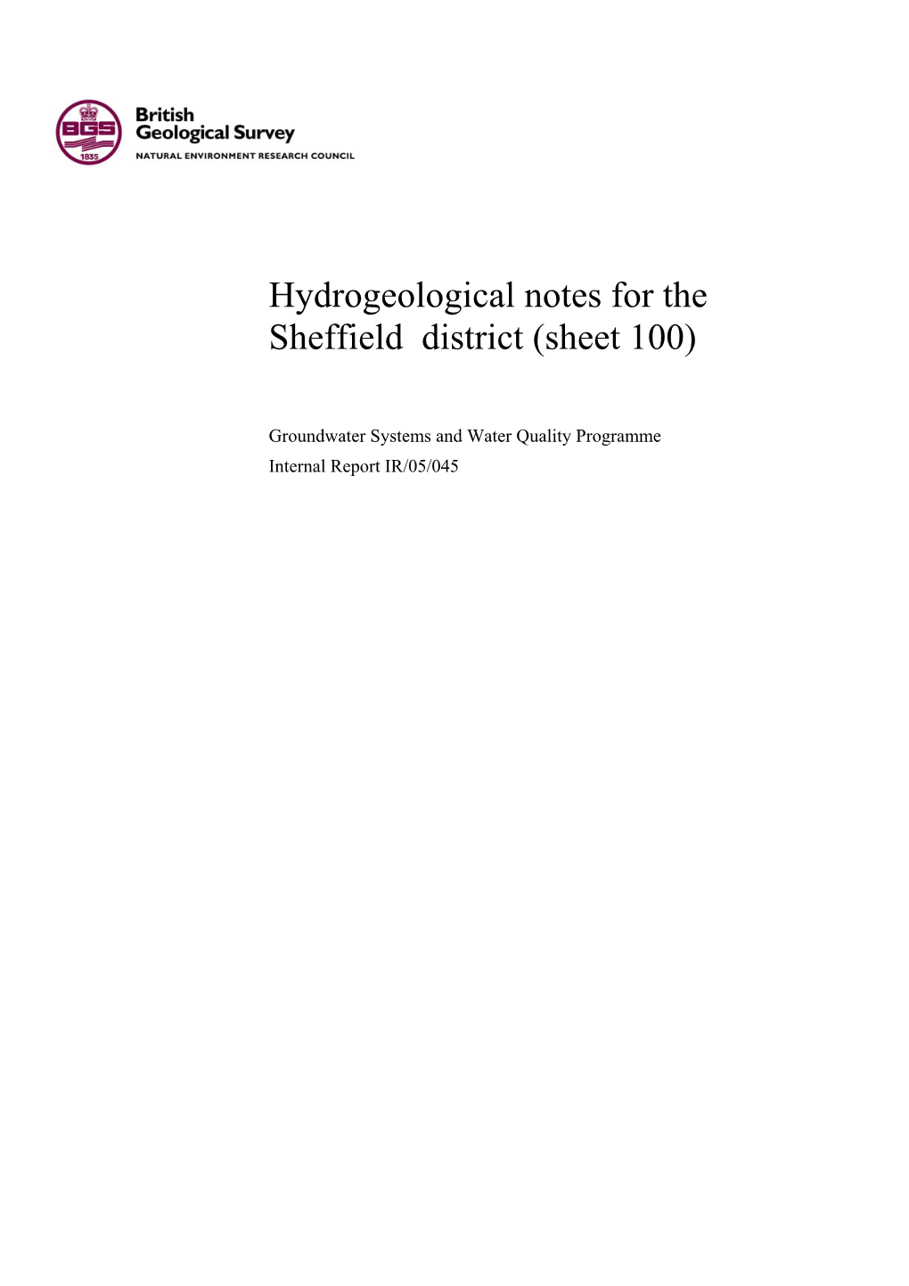 Hydrogeological Notes for the Sheffield District (Sheet 100)