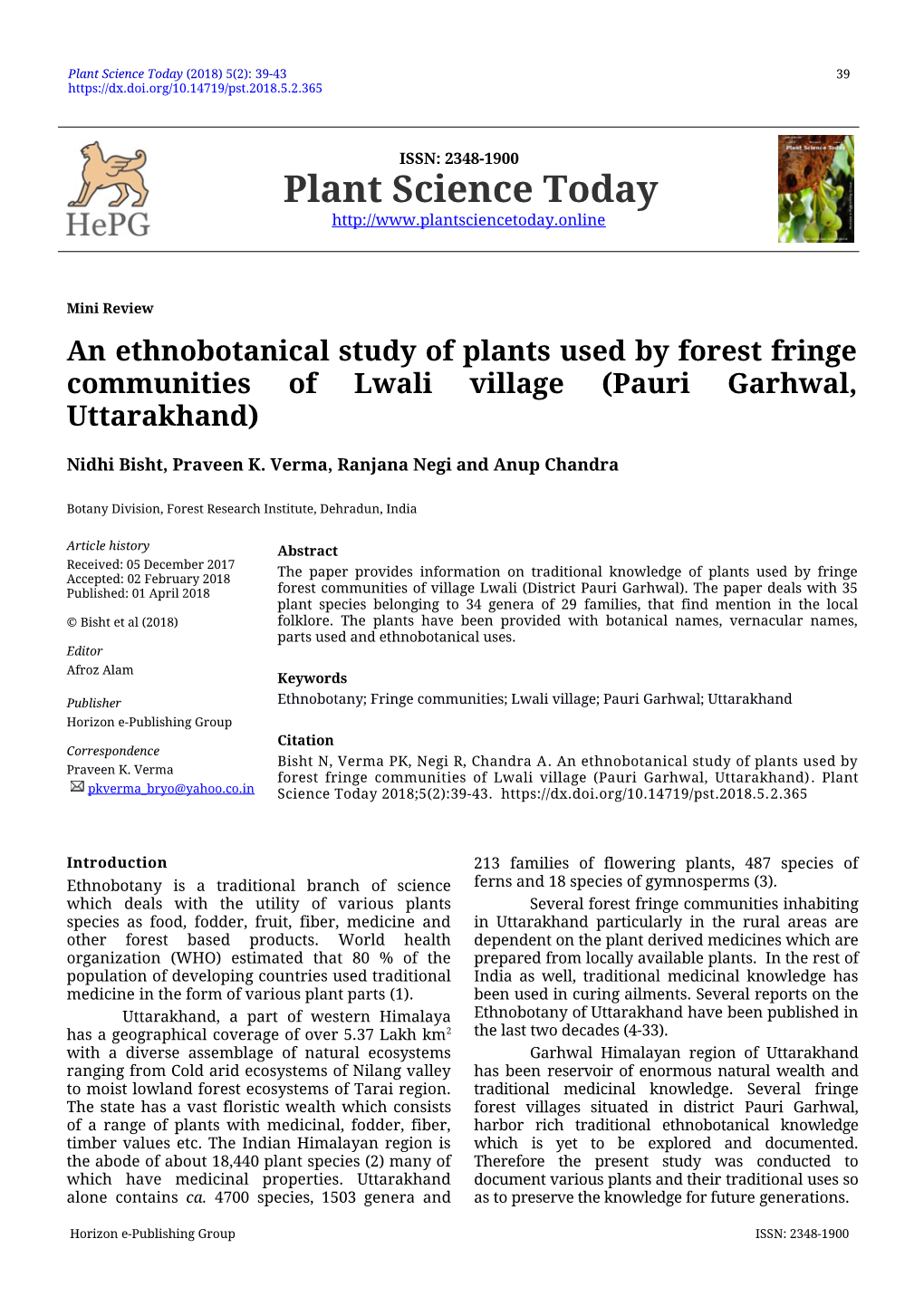 An Ethnobotanical Study of Plants Used by Forest Fringe Communities of Lwali Village (Pauri Garhwal, Uttarakhand)