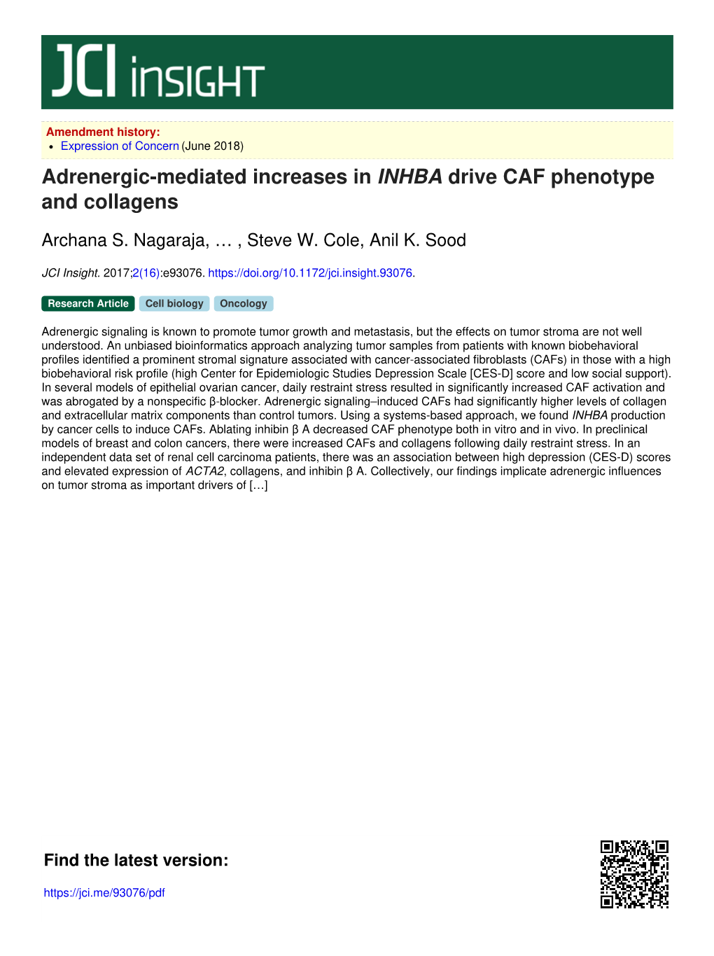 Adrenergic-Mediated Increases in INHBA Drive CAF Phenotype and Collagens