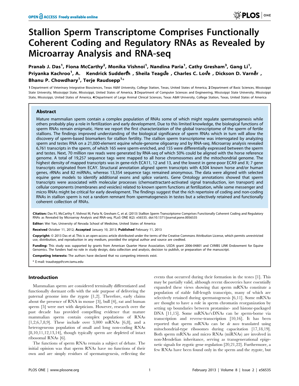 Stallion Sperm Transcriptome Comprises Functionally Coherent Coding and Regulatory Rnas As Revealed by Microarray Analysis and RNA-Seq