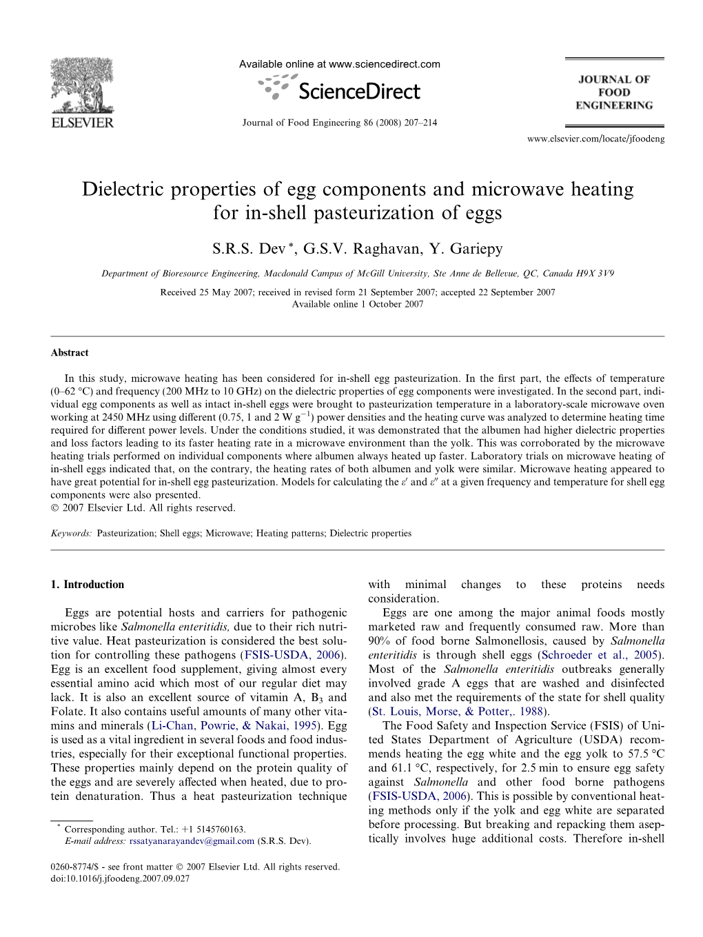 Dielectric Properties of Egg Components and Microwave Heating for In-Shell Pasteurization of Eggs