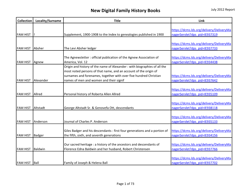 New Digital Family History Books July 2012 Report