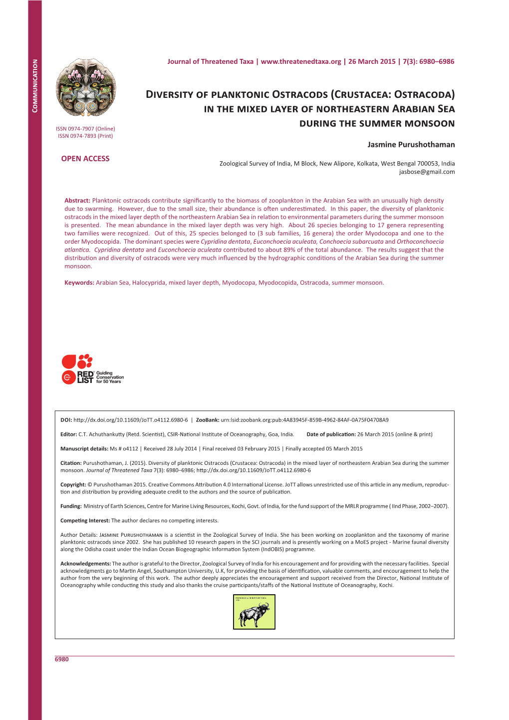 Diversity of Planktonic Ostracods (Crustacea: Ostracoda) in the Mixed Layer of Northeastern Arabian Sea During the Summer Monsoon