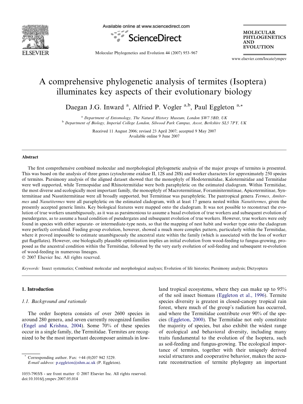 A Comprehensive Phylogenetic Analysis of Termites (Isoptera) Illuminates Key Aspects of Their Evolutionary Biology