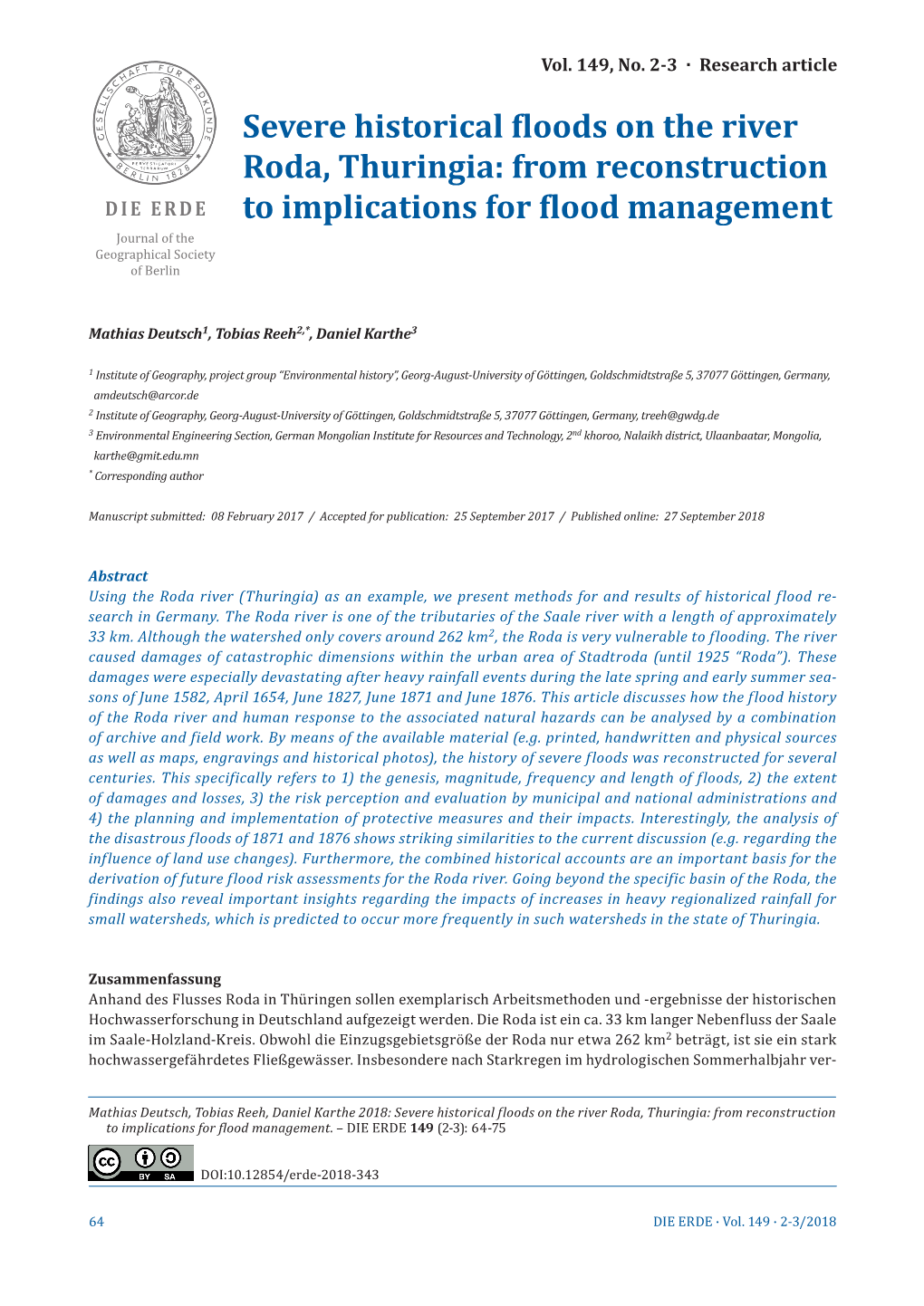 Severe Historical Floods on the River Roda, Thuringia: from Reconstruction to Implications for Flood Management