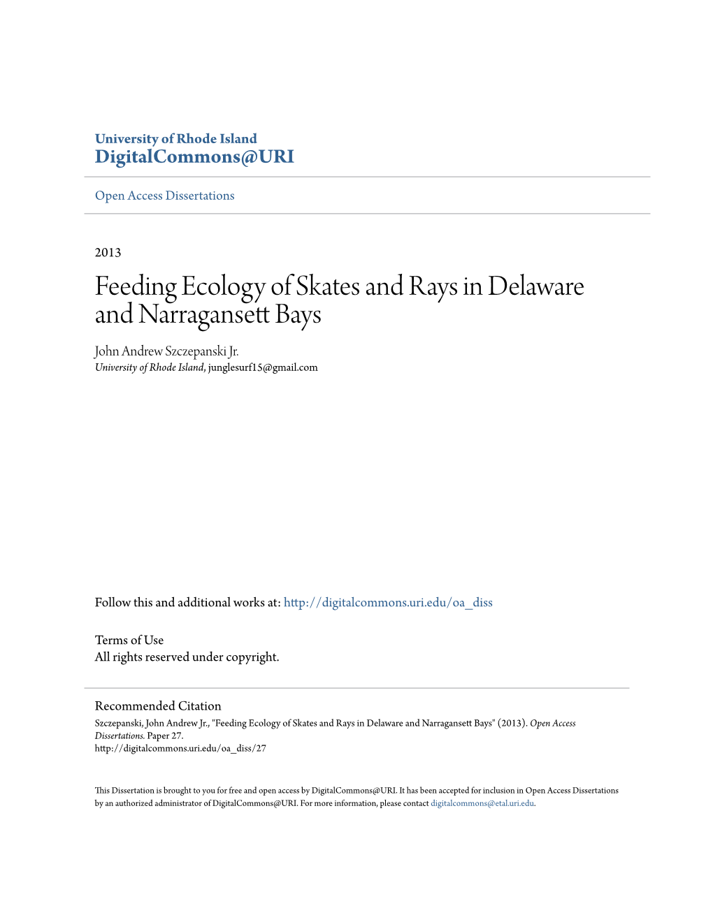 Feeding Ecology of Skates and Rays in Delaware and Narragansett Bays