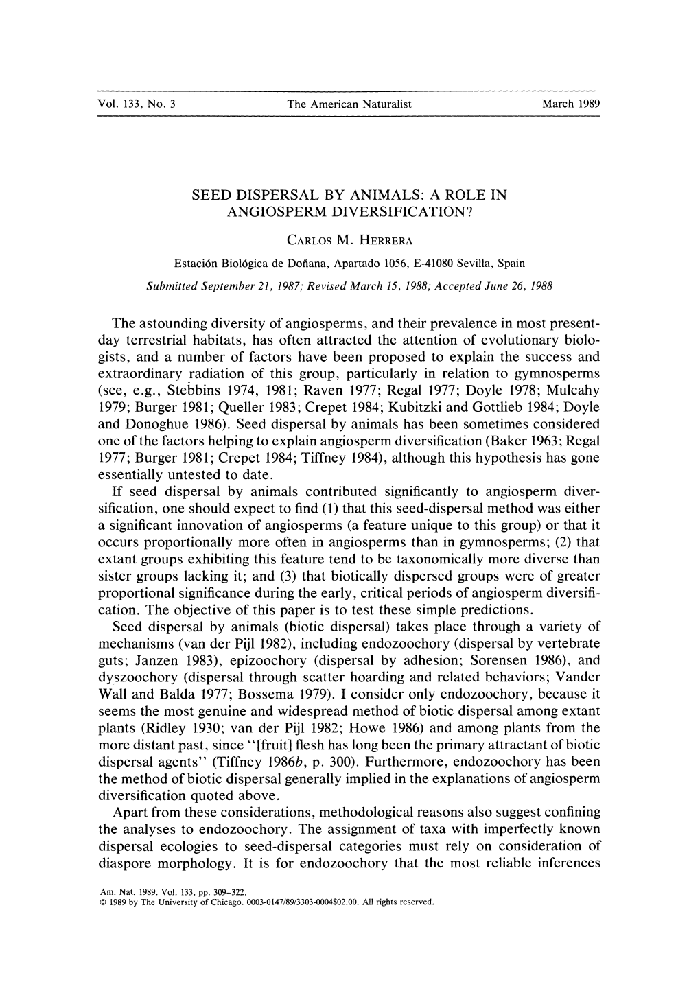 Seed Dispersal by Animals: a Role in Angiosperm Diversification?