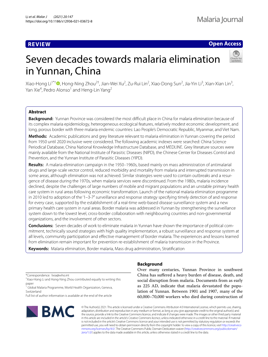 Seven Decades Towards Malaria Elimination in Yunnan, China