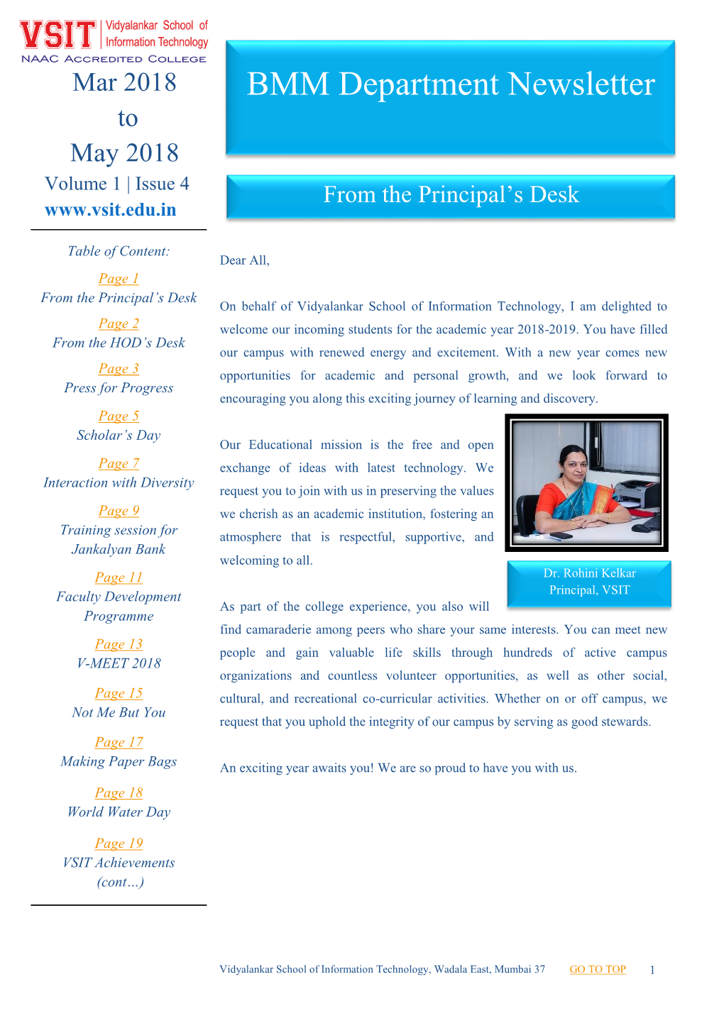 BMM Department Newsletter to May 2018 Volume 1 | Issue 4 from the Principal’S Desk