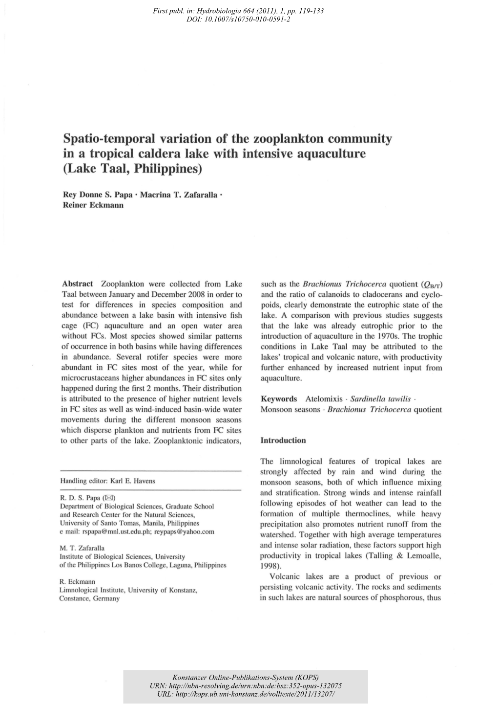 Spatio-Temporal Variation of the Zooplankton Community in a Tropical Caldera Lake with Intensive Aquaculture (Lake Taal, Philippines)