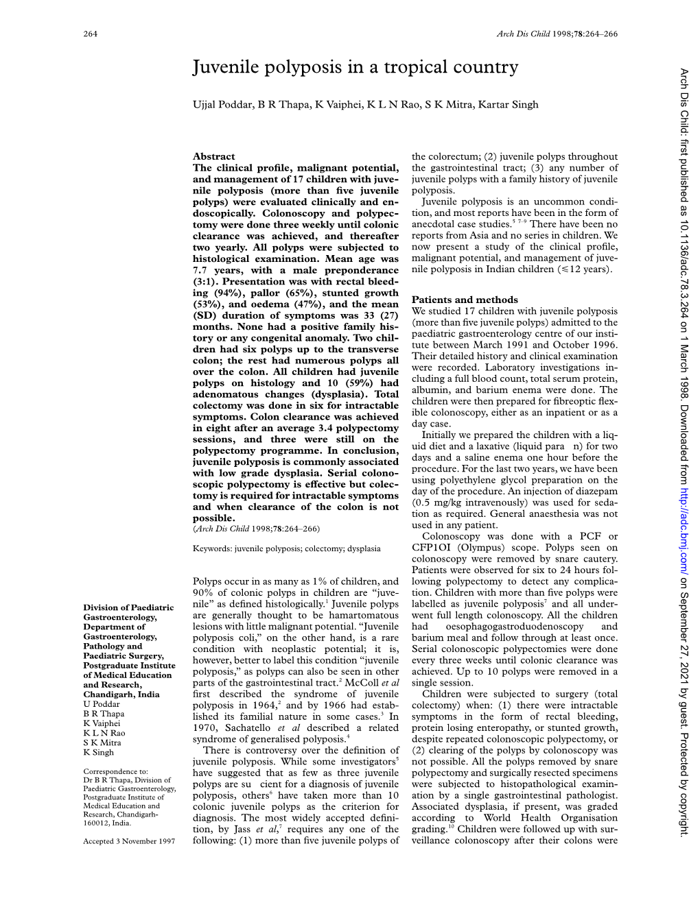 Juvenile Polyposis in a Tropical Country Arch Dis Child: First Published As 10.1136/Adc.78.3.264 on 1 March 1998