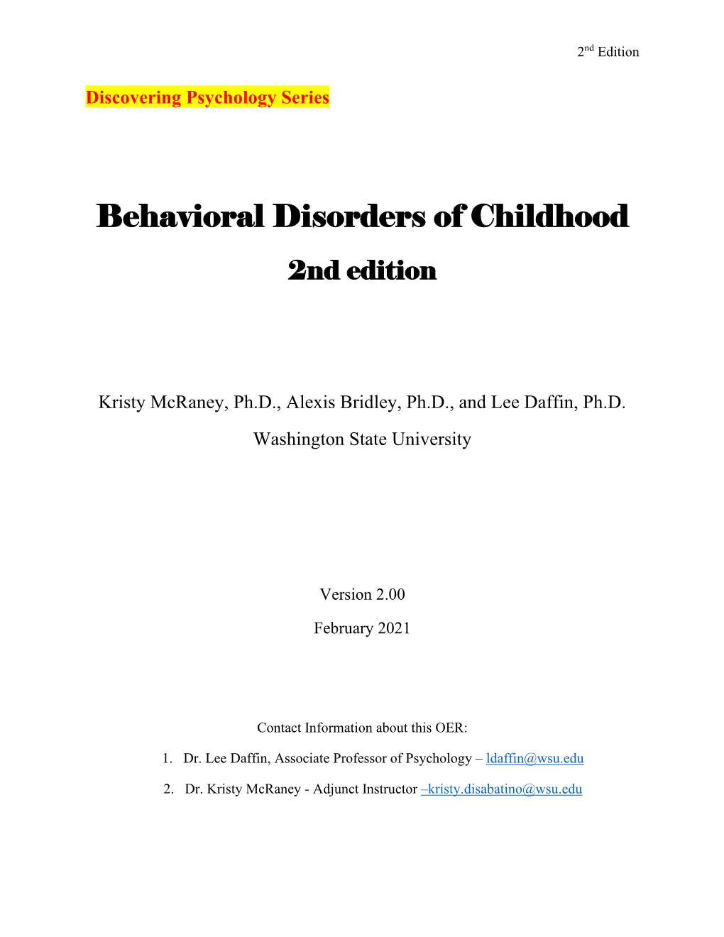 Behavioral Disorders of Childhood 2Nd Edition