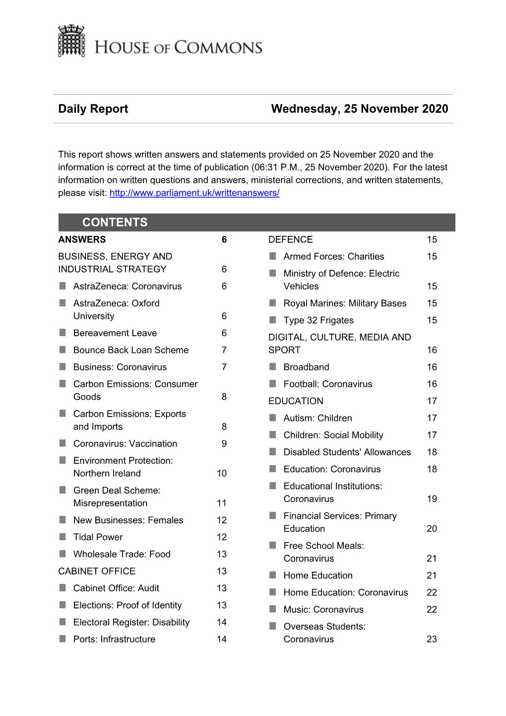 Daily Report Wednesday, 25 November 2020 CONTENTS