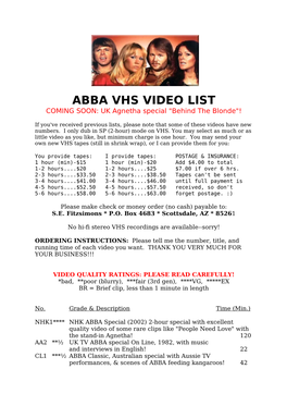 ABBA VHS VIDEO LIST COMING SOON: UK Agnetha Special "Behind the Blonde"!