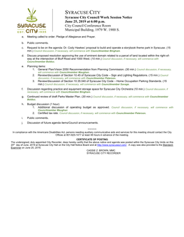 SYRACUSE CITY Syracuse City Council Work Session Notice June 25, 2019 at 6:00 P.M
