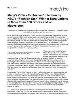 Macy's Offers Exclusive Collection by NBC's “Fashion Star” Winner Kara