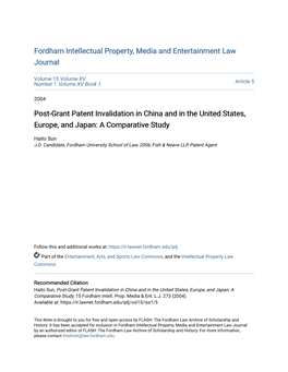 Post-Grant Patent Invalidation in China and in the United States, Europe, and Japan: a Comparative Study