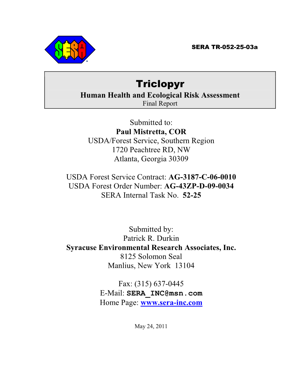 Triclopyr: Human Health and Ecological Risk Assessment”