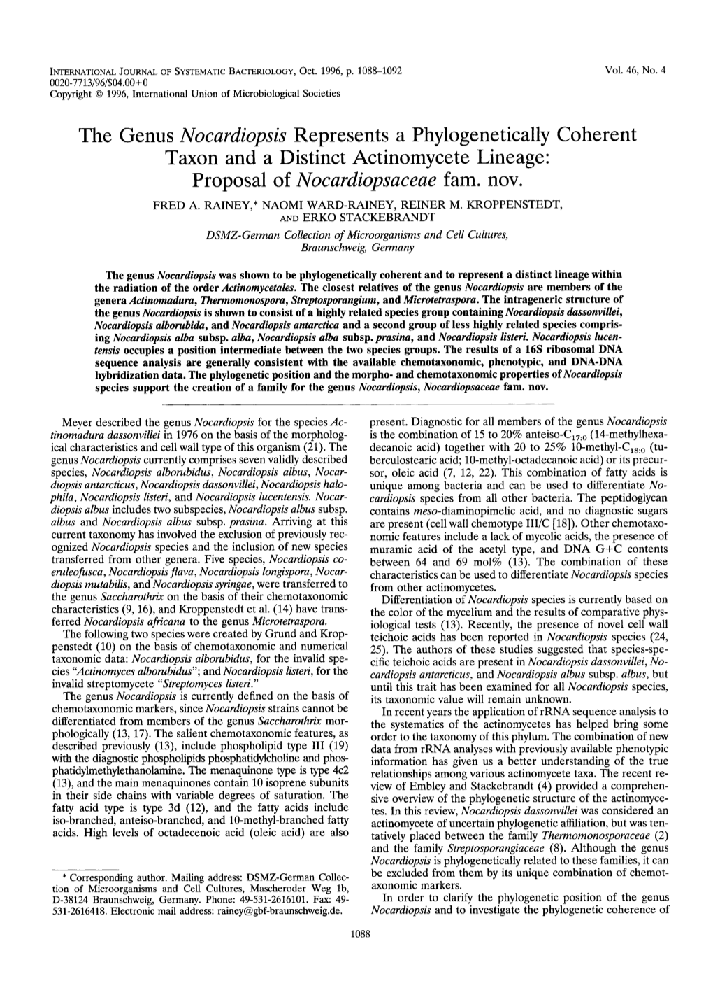 The Genus Nocardiopsis Represents a Phylogenetically Coherent Taxon and a Distinct Actinomycete Lineage: Prodosal of Nocardiomaceae Fam