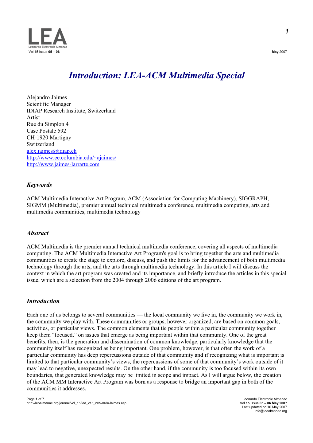 LEA-ACM Multimedia Special