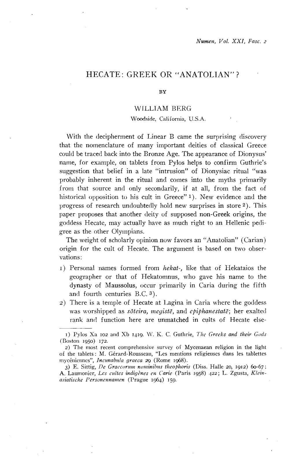 HECATE: GREEK OR "ANATOLIAN" ? by WILLIAM BERG Woodside