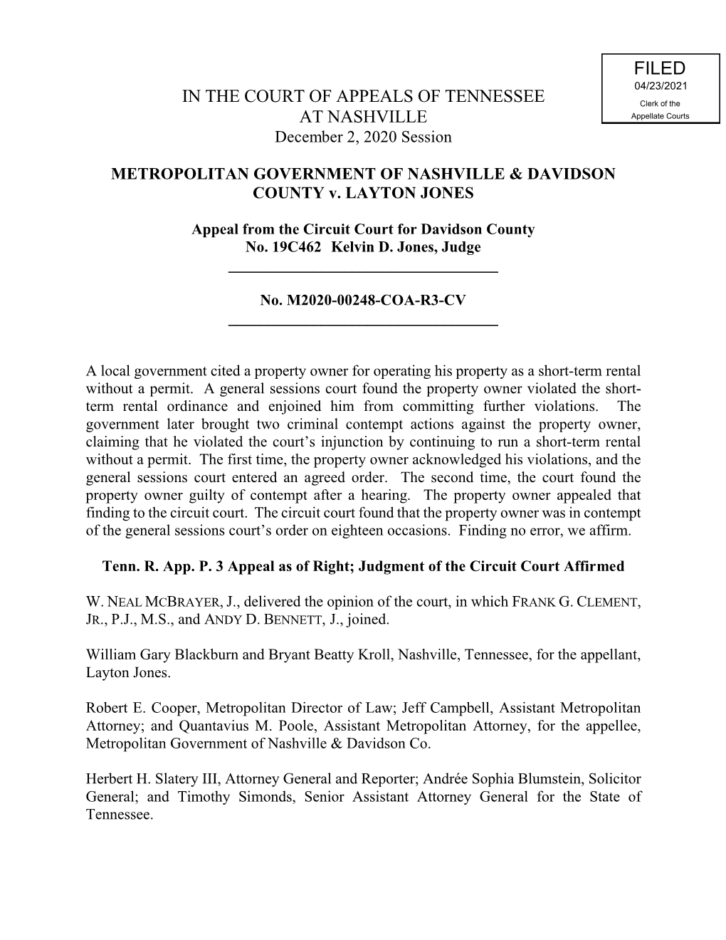 Metropolitan Government of Nashville & Davidson County V. Layton Jones