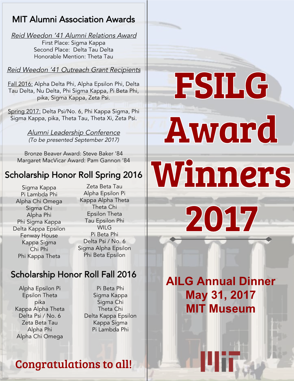 Congratulations to All! AILG Annual Dinner May 31, 2017 MIT Museum