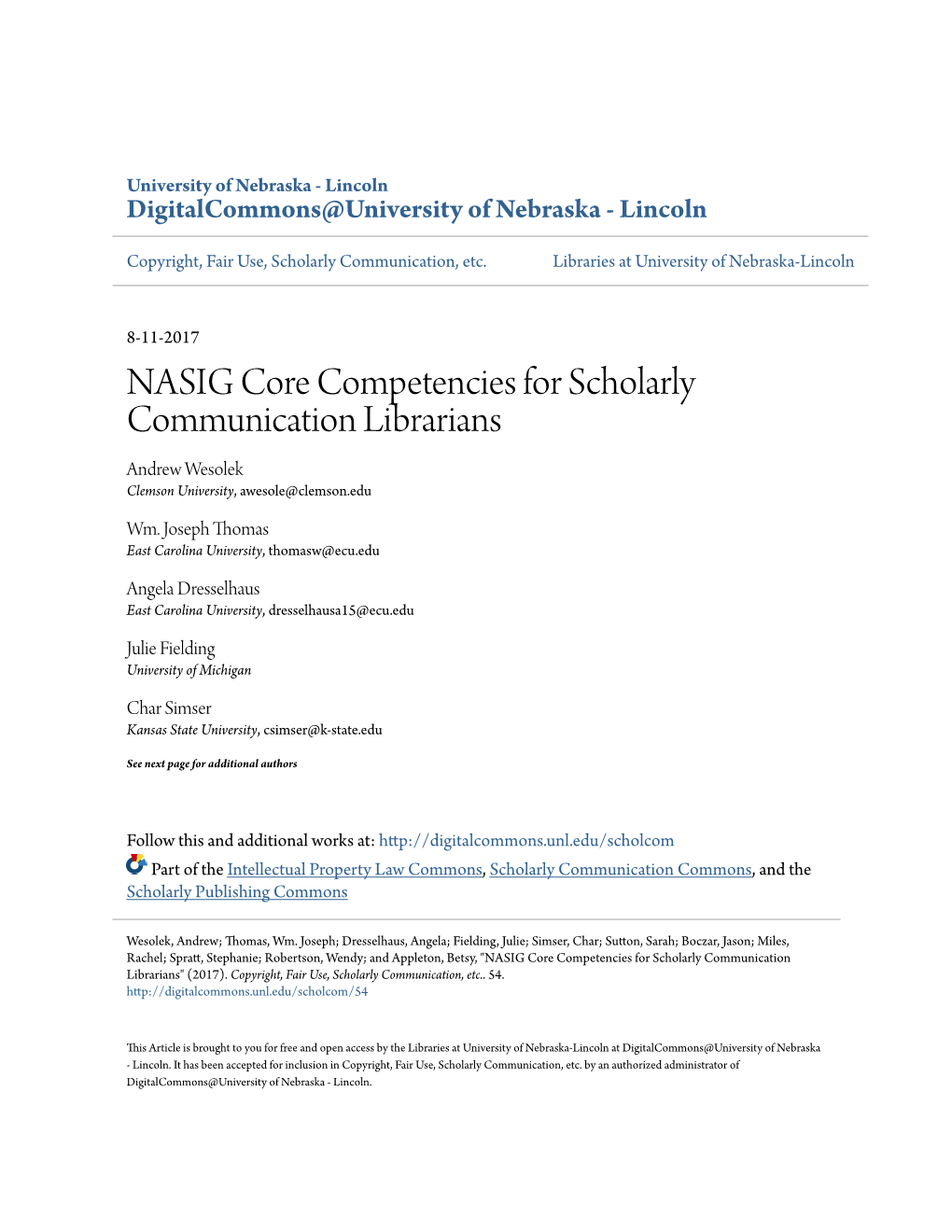 NASIG Core Competencies for Scholarly Communication Librarians Andrew Wesolek Clemson University, Awesole@Clemson.Edu