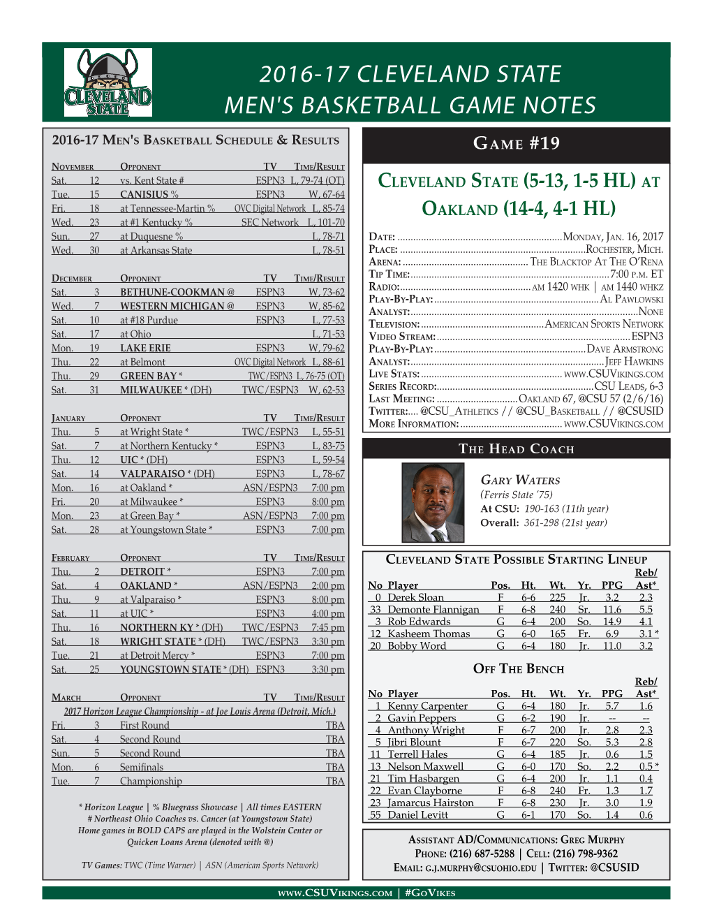 2016-17 Cleveland State Men's Basketball Game Notes